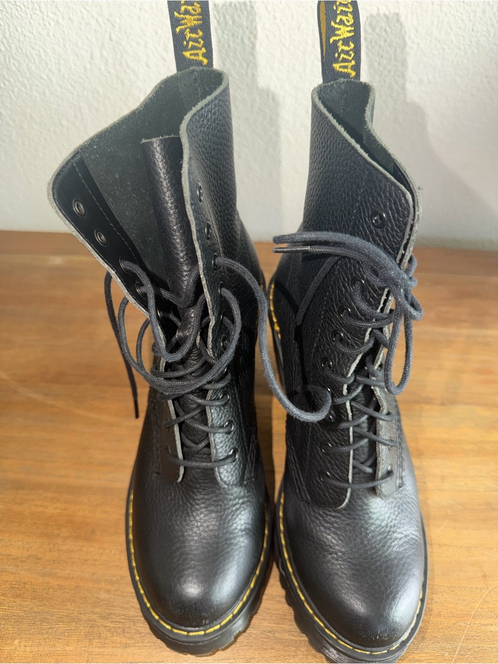 Dr. Martens Black Leather Lace-Up Boots with Yellow Stitching